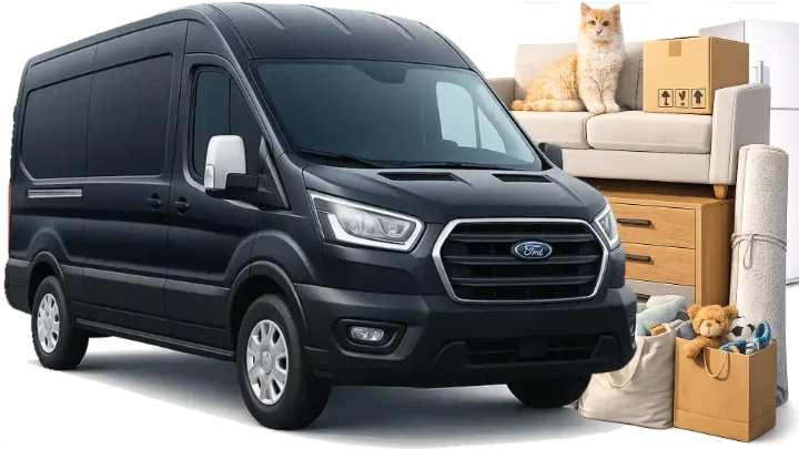 Stěhovací dodávka s krabicemi, stěhování a přeprava v Praze